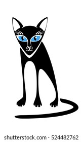 Black cat. White background. Flat. Cartoon. Caricature. Logo.