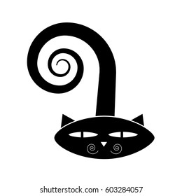 Black cat in white background. Logo, symbol, icon. Spiral.