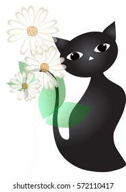 black cat with white flower vector