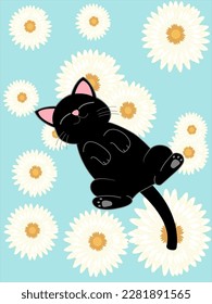 black cat with white flowers and sky background