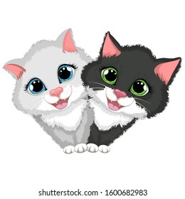 Black cat and white cat isolated on white background. Cartoon vector illustration.EPS10