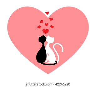 Black cat and white cat, side by side in pink heart