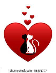 Black cat and white cat, side by side in red heart