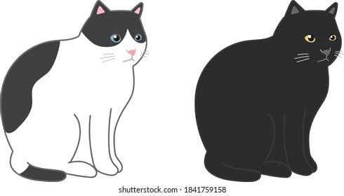 Gato negro y gato blanco y negro en un asiento. Ilustración vectorial aislada en fondo blanco.