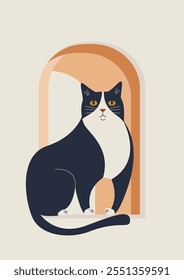 Black cat in window aesthetic boho style art. Domestic kitty 2d illustration. Cat life concept