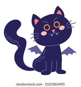 Black cat with wings. Cute Halloween character. Vector illustration in flat style