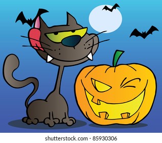 Black Cat And Winking Halloween Jackolantern Pumpkin With Bats On Blue