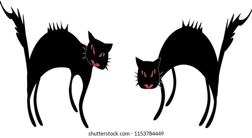 Black cat, witch cat, Halloween icon on a white background.Vector Halloween card  This is useful for posters, cards, party invitations, coloring books.