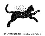 Black cat. Witch halloween magic vector. Mystic cat icon silhouette. Animal illustration with moon, star on black background. Gothic or boho tattoo, print, logo. Cute sketch with mystic cosmos element