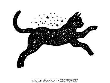 Black cat  Witch halloween magic vector  Mystic cat icon silhouette  Animal illustration and moon  star black background  Gothic boho tattoo  print  logo  Cute sketch and mystic cosmos element