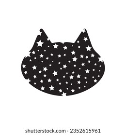 Black cat. Witch halloween magic vector. Mystic cat icon silhouette. Animal illustration with moon, star on black background. Gothic or boho tattoo, print, logo. Cute sketch with mystic cosmos element