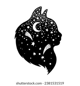 Black cat. Witch halloween magic vector. Mystic cat icon silhouette. Animal illustration with moon, star on black background. Gothic or boho tattoo, print, logo. Cute sketch with mystic cosmos element