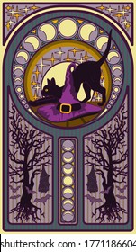 Black cat and witch hat, art nouveau style card, vector illustration	