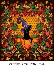 Black cat in witch hat, art nouveau style Halloween card, vector illustration