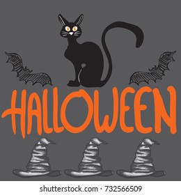 Black cat with witch hat, bat vector illustrations.Halloween design elements with Halloween lettering