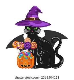 A black cat in a witch hat with candy and lollipops. Halloween black cat sitting with bat wings and sweets. Cute animal. Vector illustration.