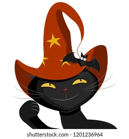 black cat in a witch hat catches a bat, who try to catches a bat, who try to escape, halloween illustration on white background