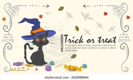 Black cat in a witch hat for Halloween, flat illustration