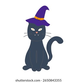 Black cat with witch hat. Halloween vector symbol.