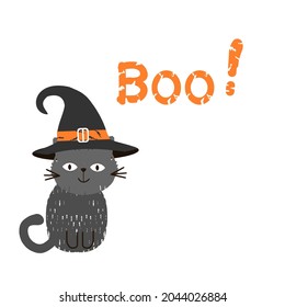 Black cat, witch hat and hand written font icon isolated on white background vector illustration.