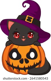 Black Cat With Witch Hat Inside Halloween Pumpkin Vector