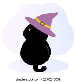 Black cat in witch hat. Kitten with big yellow eyes in wizard headwear. Illustration be used for topics animal, Halloween or magic