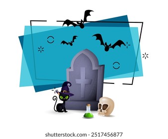 Black cat in witch hat nearby grave stone. Skull and flask with poison. Halloween banner design with flying bats on background. Vector illustration can be used for invitations, posters, postcards