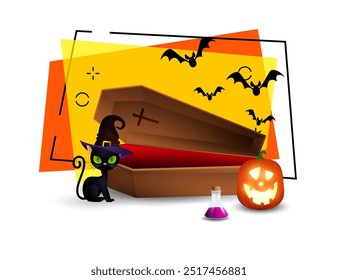 Black cat in witch hat nearby coffin. Pumpkin lantern and flask with poison. Halloween banner design with flying bats on background. Vector illustration can be used for invitations, posters, postcards