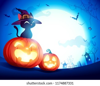 Black cat with witch hat on Halloween pumpkin in the moonlight. Jack O Lantern.