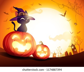 Black cat with witch hat on Halloween pumpkin in the moonlight. Jack O Lantern.