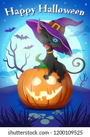 Black cat in witch hat on luminous halloween pumpkin with smile. Happy Halloween. Vector illustration, banner, poster. Spooky scary halloweeen background with moon and bats silhouettes.