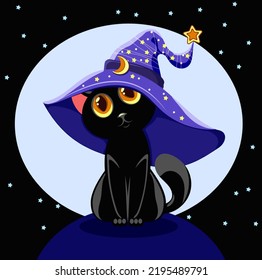 Black cat in a witch hat on the background of a full moon, an icon of Halloween material. For the design of greeting and invitation cards, banners, posters, illustrations, etc.