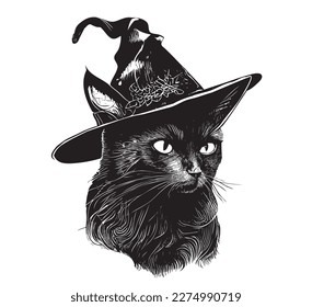 Black cat in a witch hat portrait sketch hand drawn Halloween illustration