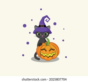 Gato negro con sombrero de bruja y calabaza. Ilustración de Halloween