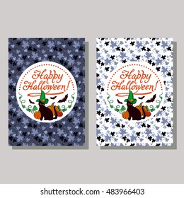Black cat in witch hat, pumpkin and hand drawn text "Happy Halloween!". Halloween greeting card. Vector clip art.
