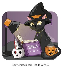 Black Cat with Witch Hat Reading Spells Book Under Lamp Light. Familiar Magical Enchanting Halloween Illustration