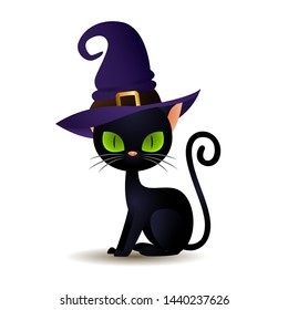 Black cat in witch hat. Scary kitten with big green eyes in wizard headwear. Can be used for topics like animal, Halloween, magic