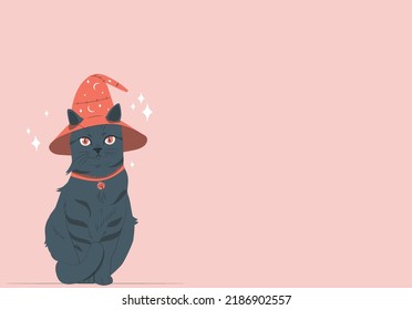 Black cat in witch hat. Scary kitten with big green eyes in wizard headwear. Can be used for topics like animal, Halloween, magic. Halloween black cat. Vector animal isolated on orange background.