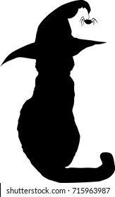 Black Cat In Witch Hat Silhouette Isolated On White Background. Vector Illustration. Clip Art. 