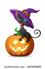 Black cat in witch hat sits on halloween pumpkin and shows its tongue. Vector illustration for halloween decorations isolated on white background. Image for greeting card or poster
