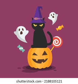 Black cat in a witch hat sitting on a Halloween pumpkin. Vector illustration