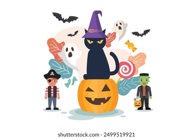 Black cat in a witch hat sitting on a Halloween pumpkin with children in costume. Vector illustration