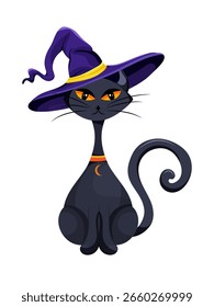 Black cat with witch hat sitting and looking straight ahead. Silhouette cat element for Halloween design Vector illustration on white background.