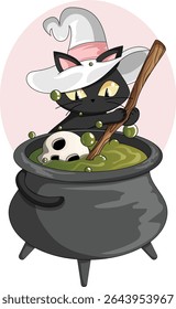 Black Cat with Witch Hat Stirring Potion with Skull in Bubbling Cauldron – Spooky Halloween Vector Art