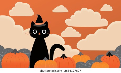 Gato negro en sombrero de bruja rodeado de calabazas y nubes de colores