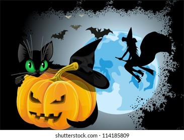 Black cat witch on a background of the moon