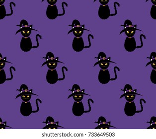 Black Cat Witch Seamless on Purple Background. Vector Illustration.