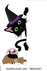 Black cat in witches hat peeping around the side of a blank sign(white rectangle)with broomstick & cauldron filled with candy. They are grouped so could be put on the side of any rectangular shape.