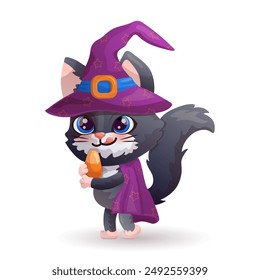 Black cat in witch's hat with candy corn on white background. Character design. Vector illustration.
