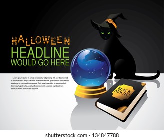 Black Cat With Witch's Hat,  Crystal Ball And Book Of Magic Spells. Background With Space For Your Message. EPS 8 Vector, Grouped For Easy Editing. No Open Shapes Or Paths.